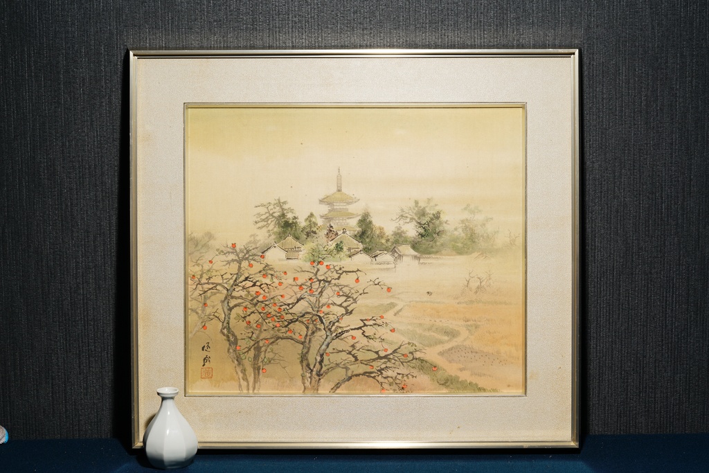 川端龍子門下 柳道成 大型 絹本 法起寺之秋  