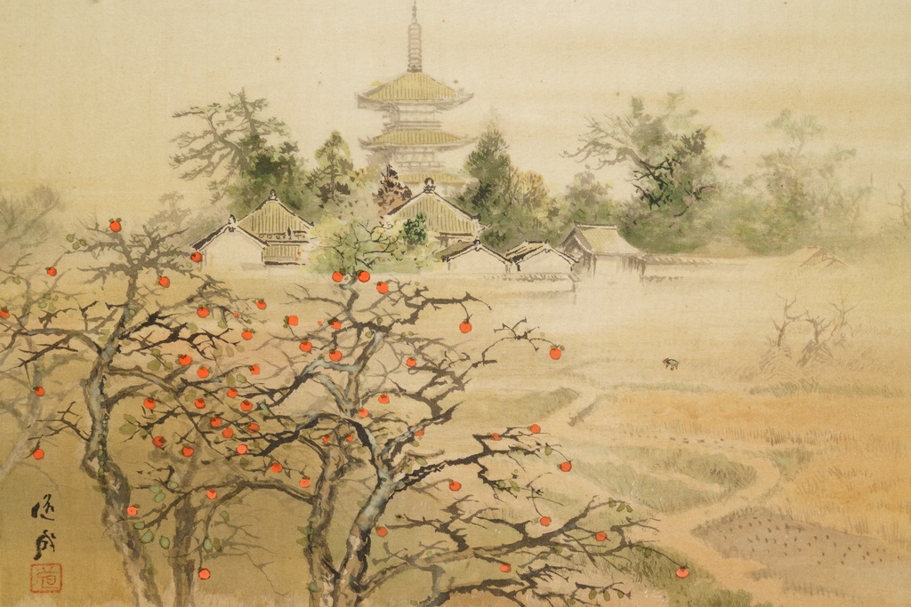 川端龍子門下 柳道成 大型 絹本 法起寺之秋  