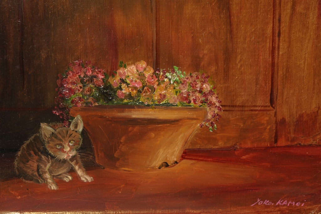 鴨居玲之姊 鴨居羊子 金框 手繪油畫 花與貓  