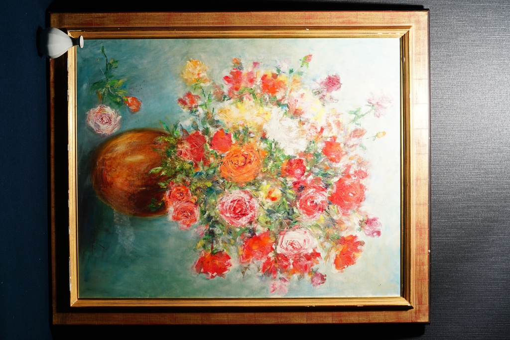 名家 石井 巨幅 手繪油畫 瓶中玫瑰
