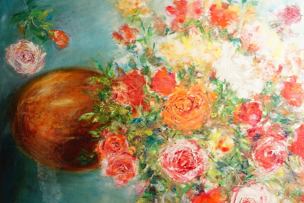 名家 石井 巨幅 手繪油畫 瓶中玫瑰