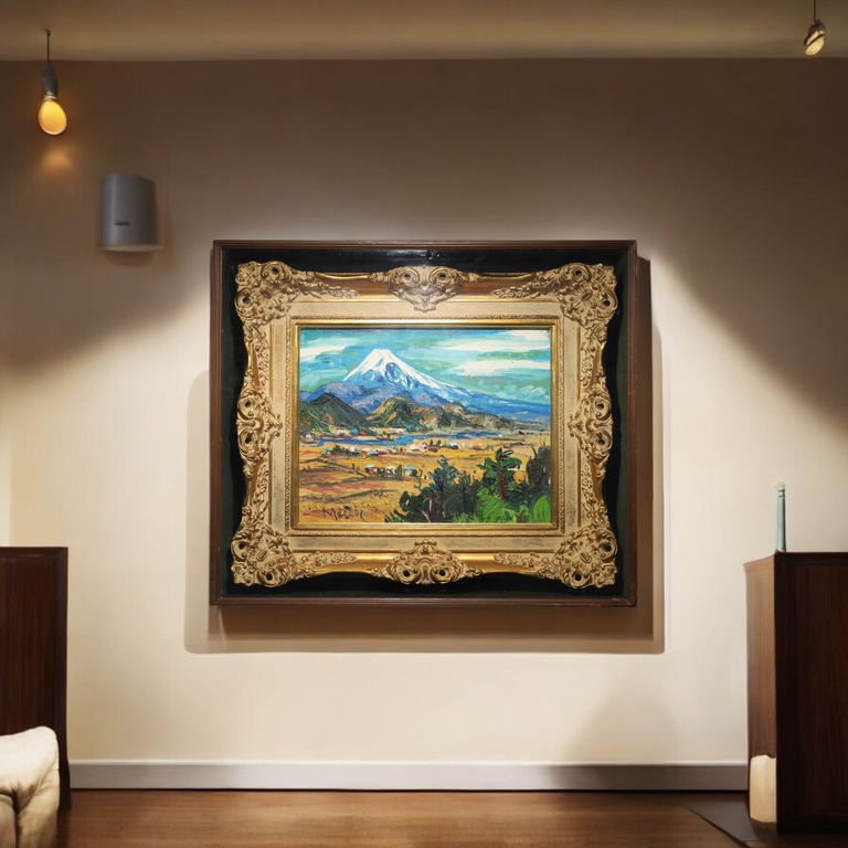 白日会 岩田明生 金框 手繪油畫 伊豆大仁町 不二山展望  