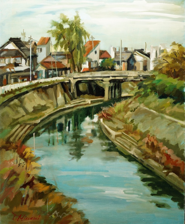 鳥取名家 南雄也 大型 手繪油畫 旧袋川秋景