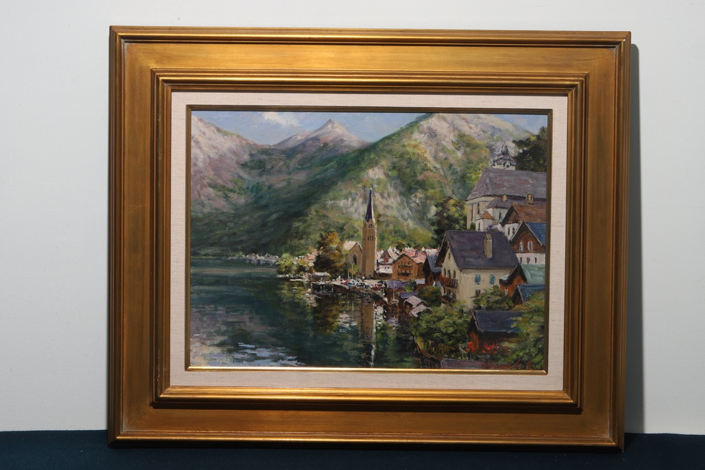 一水会 佐伯浩 金框 手繪油畫 哈爾施塔特湖畔教會  