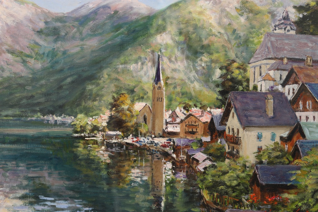 一水会 佐伯浩 金框 手繪油畫 哈爾施塔特湖畔教會  