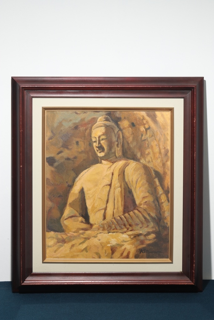 名家 北村潔 手繪油畫 雲岡石窟第20窟本尊  