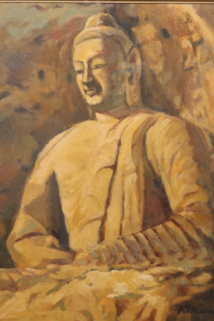 名家 北村潔 手繪油畫 雲岡石窟第20窟本尊  