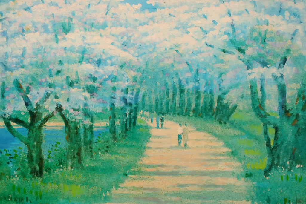 名家 Akira 金框 手繪油畫 春日花徑  