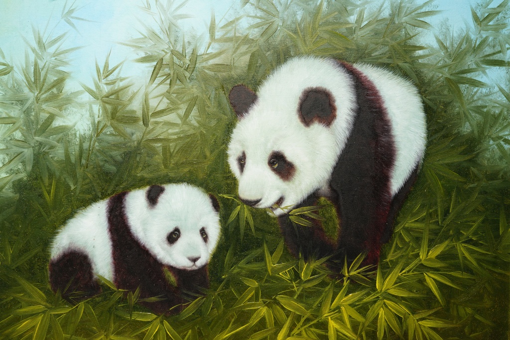 名家 H. Yang 大型金框 手繪油畫 熊貓  