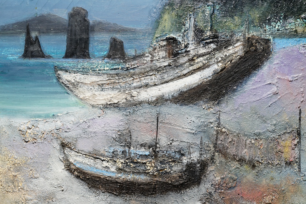 名家 S. Yama 金框 手繪油畫 海岸的安靜時光  