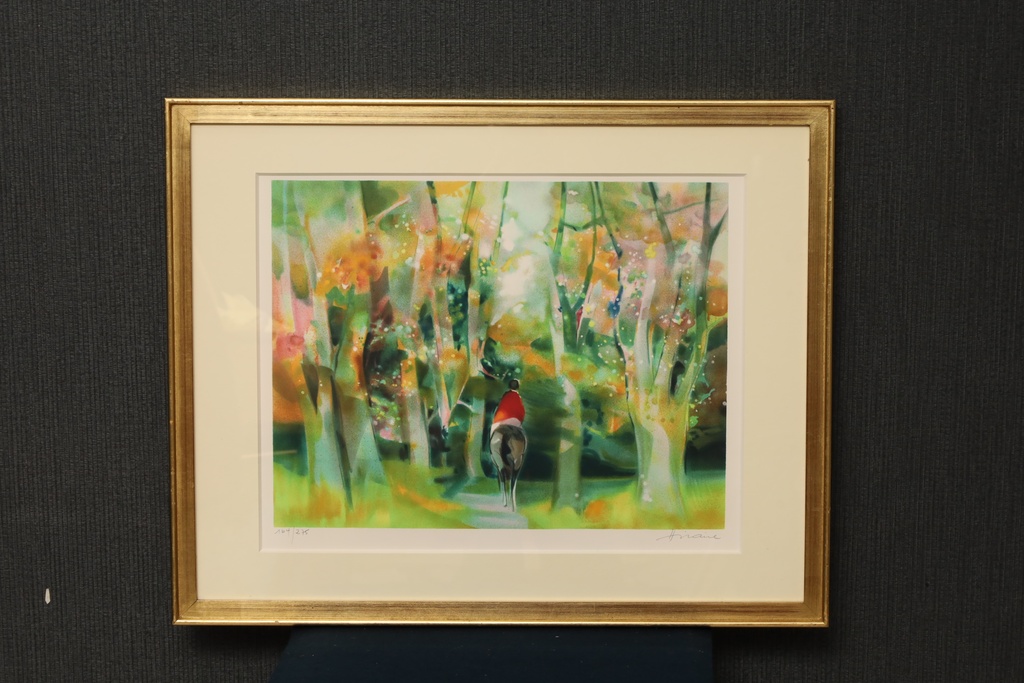 法國 後立體主義名家 Camille Hilaire 大型金框 限量簽名版畫 森林中的騎手   