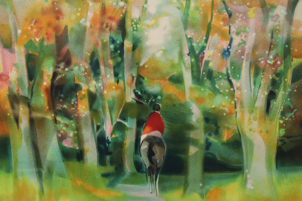 法國 後立體主義名家 Camille Hilaire 大型金框 限量簽名版畫 森林中的騎手   