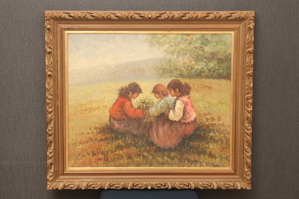 義大利名家 Antonino Pecoraro 大型 手繪油畫 花田中的純真嬉戲 