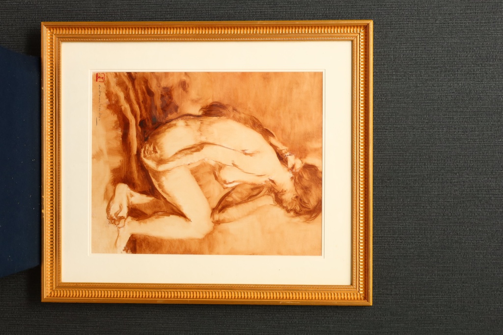 名家 Tombador 大型金框 手繪 沉思的裸女  