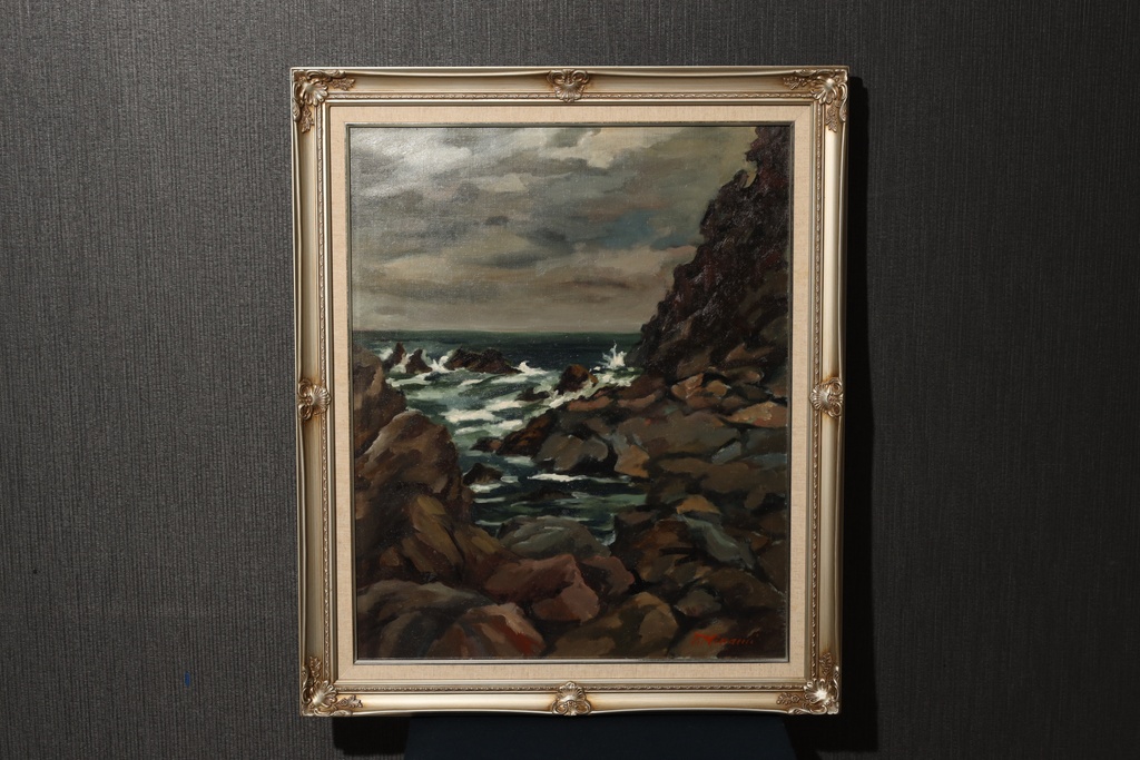 鳥取名家 南雄也 大型金框 手繪油畫 冬の春日海  