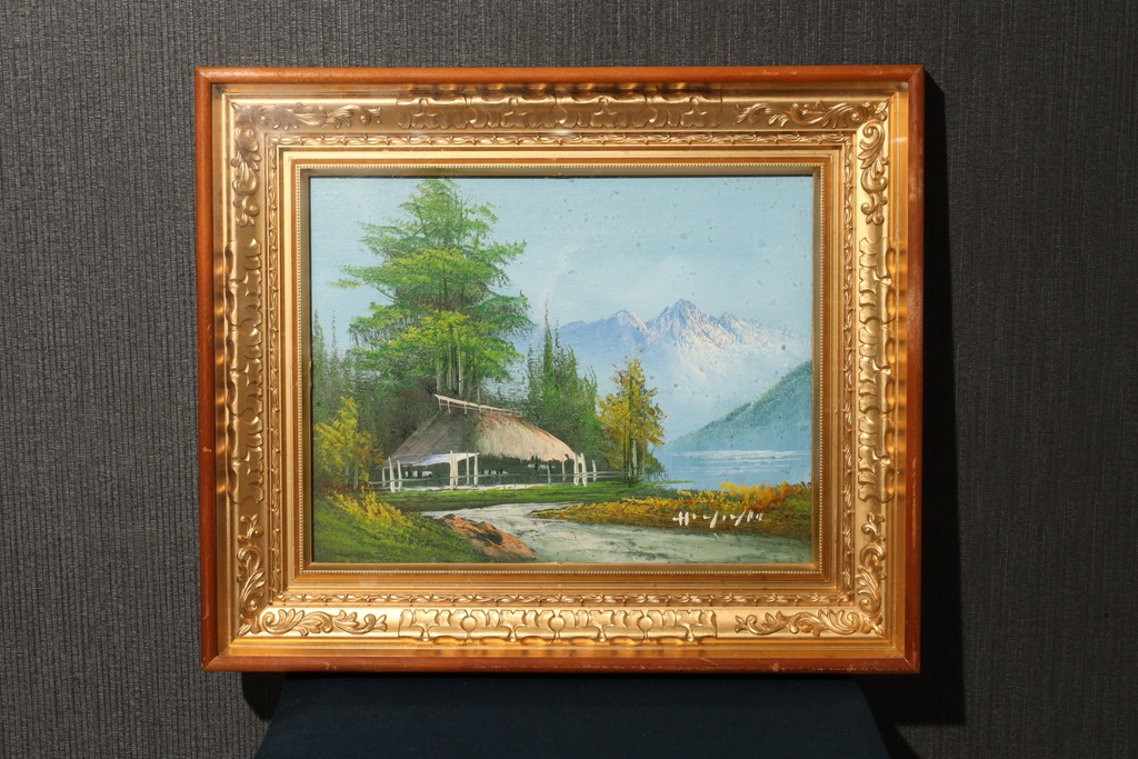 金框 手繪油畫 湖畔山居  