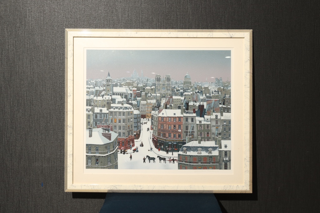 法國名家 Michel Delacroix  限量簽名版畫 巴黎雪景  