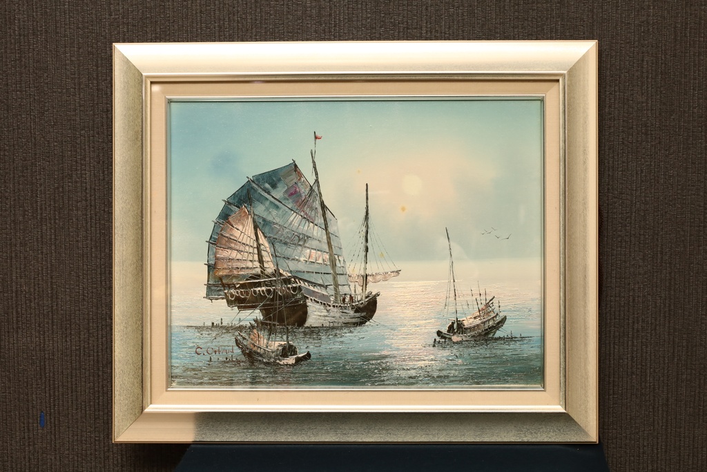 名家 C. CHAN 金框 手繪油畫 夕陽帆影 風水畫  