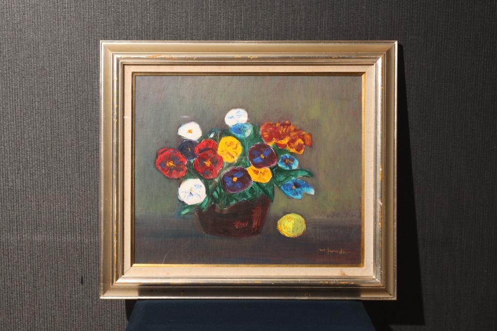 第一美術会 根田正虎 金框 手繪油畫 大花三色堇  