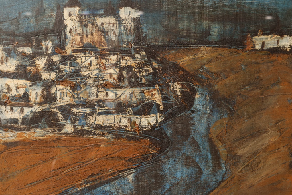 手繪油畫 河畔的古堡  