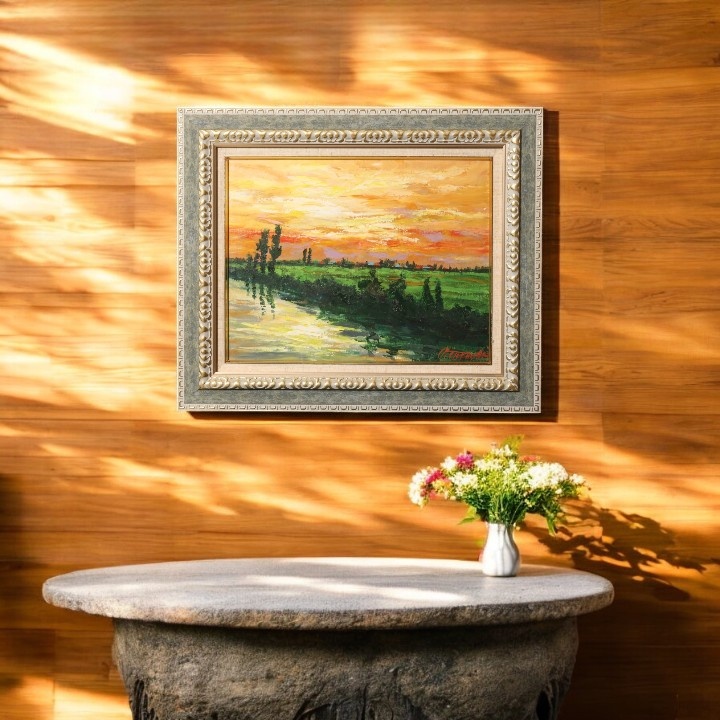 北海道名家 高橋益之 金框 手繪油畫 石狩川風景  