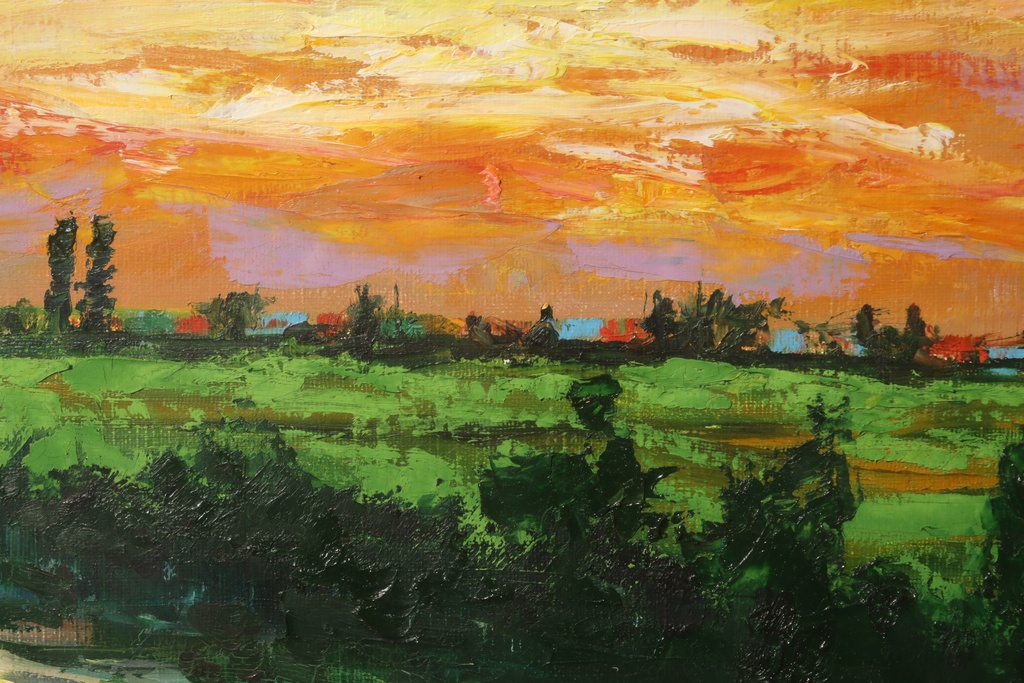 北海道名家 高橋益之 金框 手繪油畫 石狩川風景  