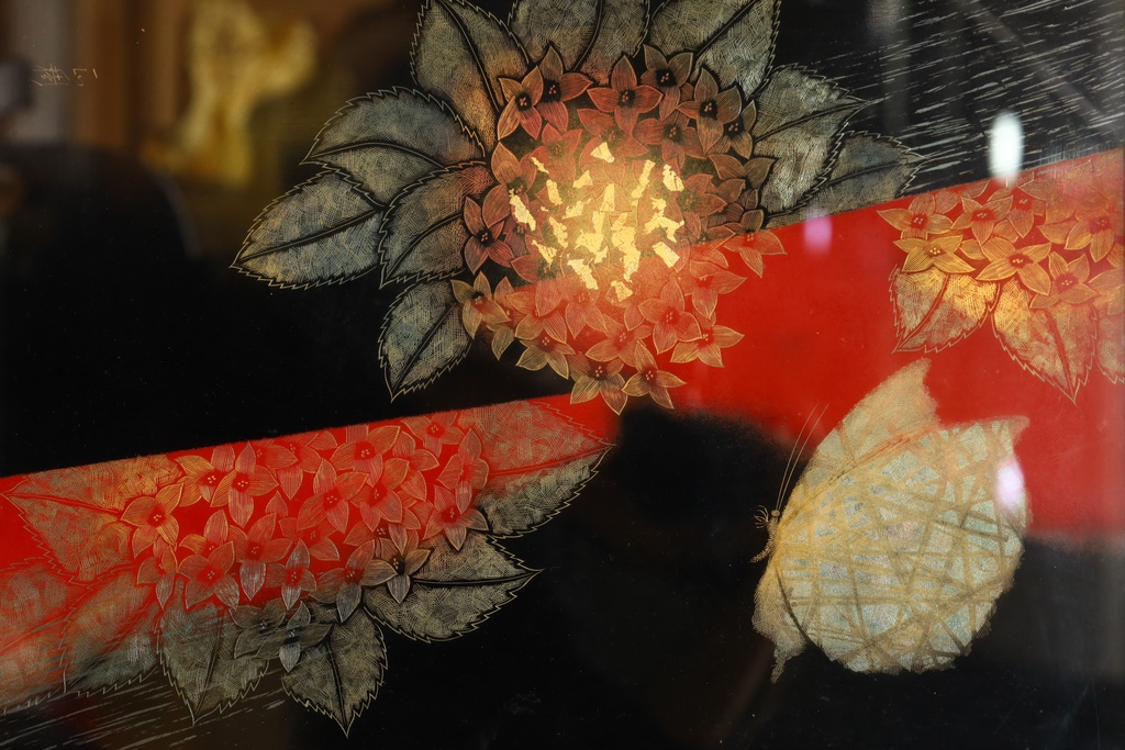 輪島塗名家 吠木正樹 金框 輪島塗 沈金 紫陽花影 