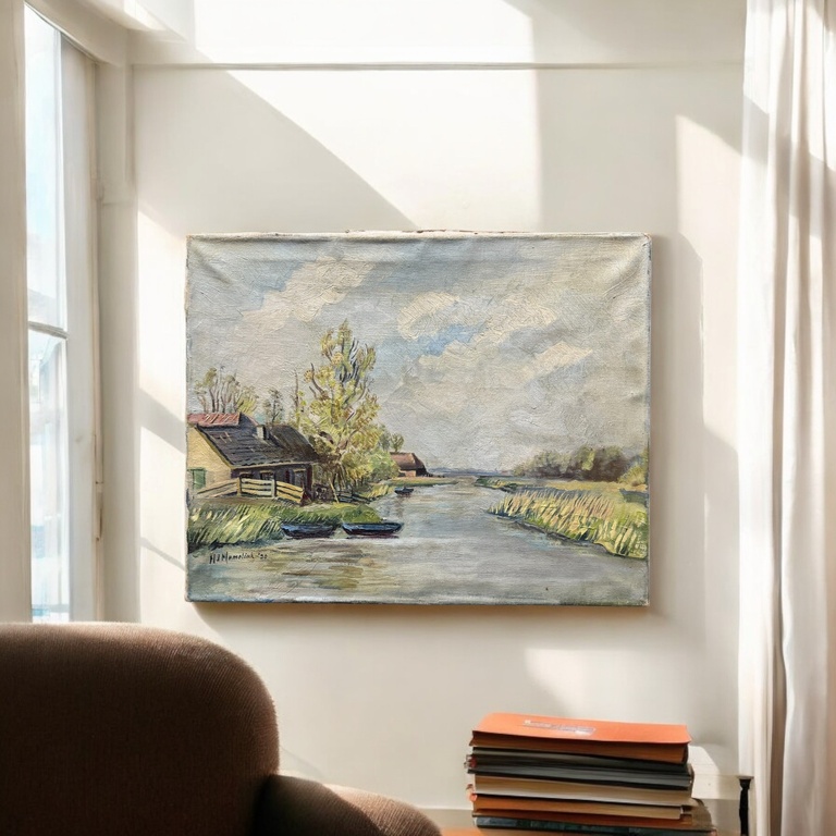 名家 Memelink 手繪油畫 恬靜的田園河岸 