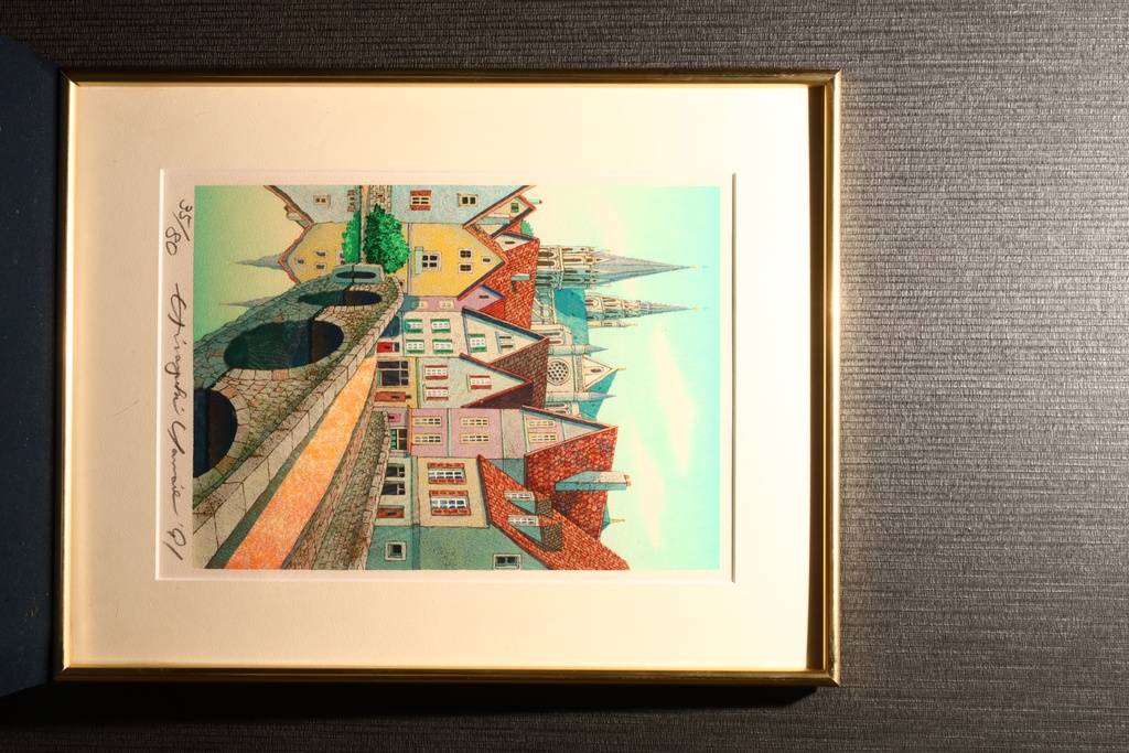 香川名家 山家久幸 金框 限量簽名版畫 法國城市景觀  