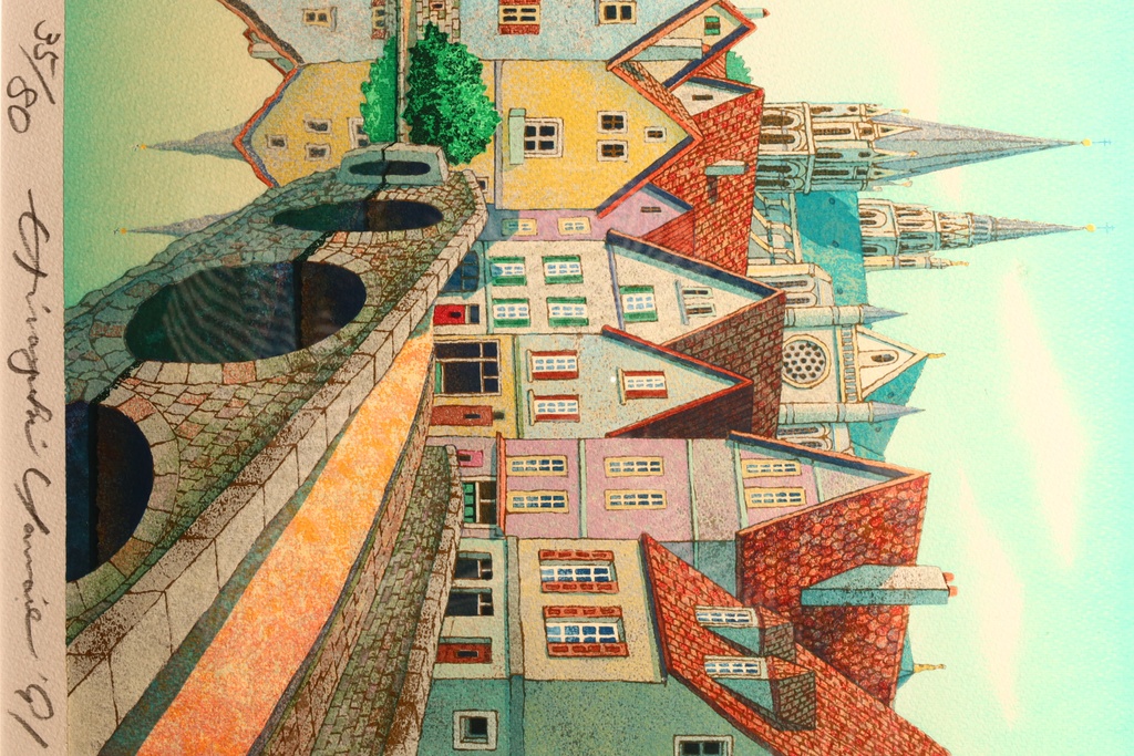 香川名家 山家久幸 金框 限量簽名版畫 法國城市景觀  