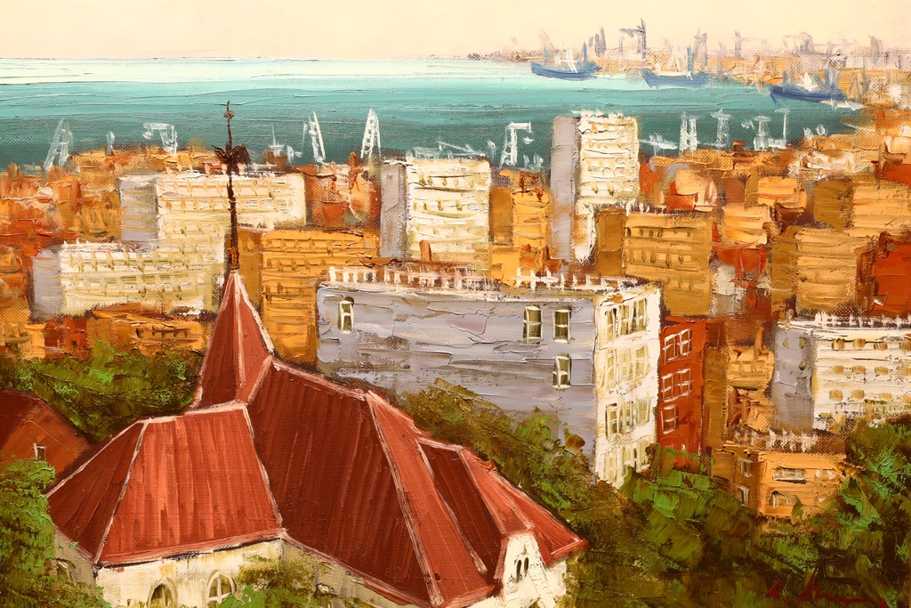 彩日会委員 黒沢久 手繪油畫 神戸港  