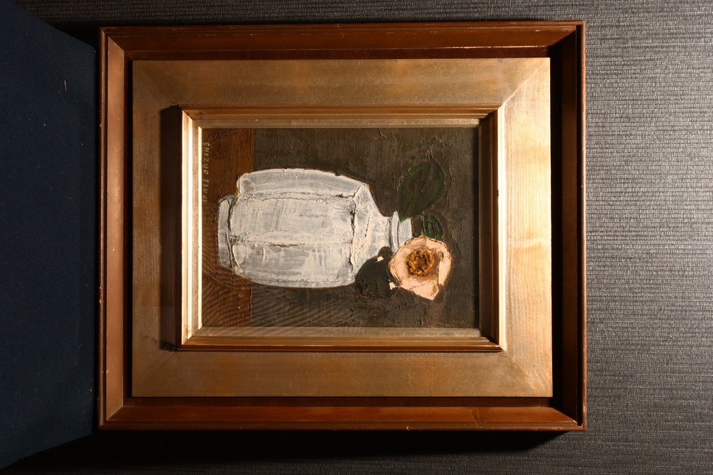 名家 SHIZUO TSUJI 手繪油畫 白瓶中的紅山茶  