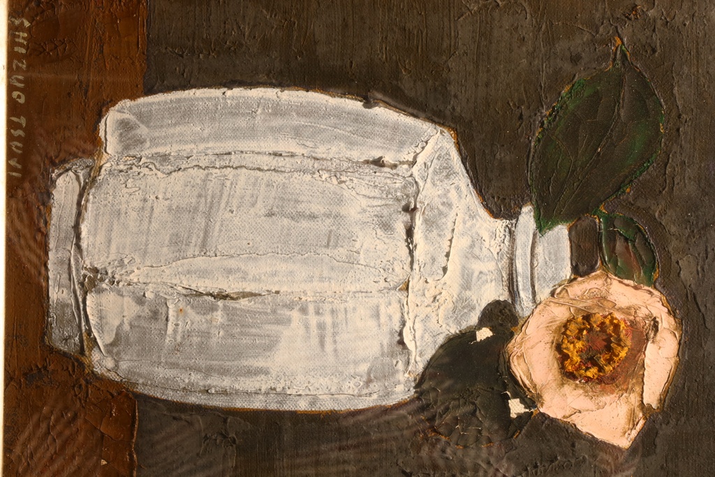 名家 SHIZUO TSUJI 手繪油畫 白瓶中的紅山茶  