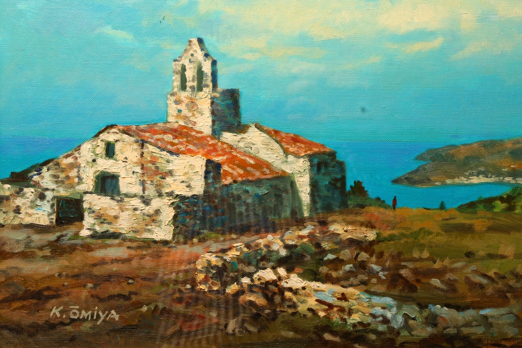 日本水彩畫会 大宮幸一 手繪油畫 海岸教堂  