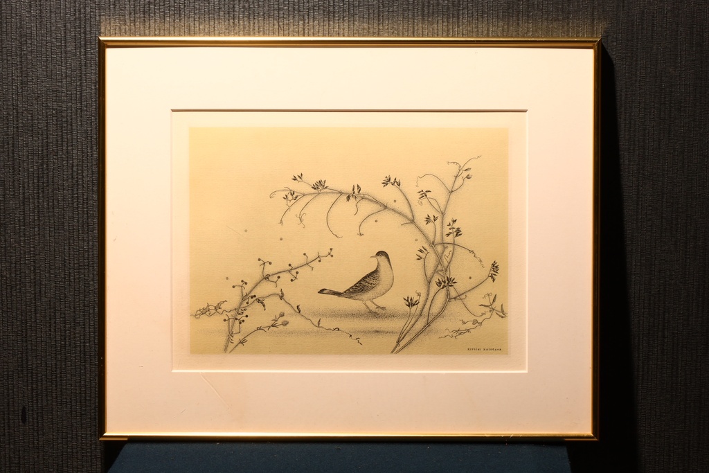 版畫大師 長谷川潔 金框 版畫 野辺小禽  