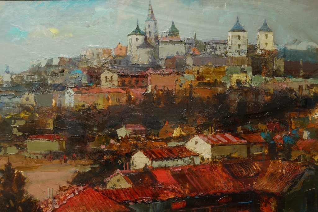 二科会 狩野守 大型金框手繪油畫 西班牙托雷多風景 