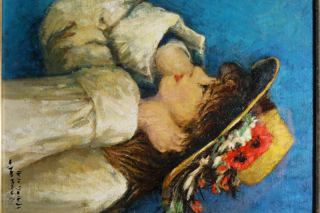 創造美術協会 中植卯三郎 手繪油畫 仿雷諾瓦女孩肖像 