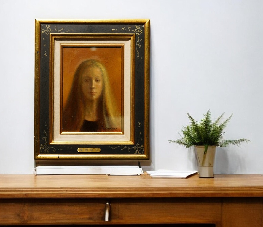 大阪美術協会 福田狄人 手繪油畫 黑色毛衣 